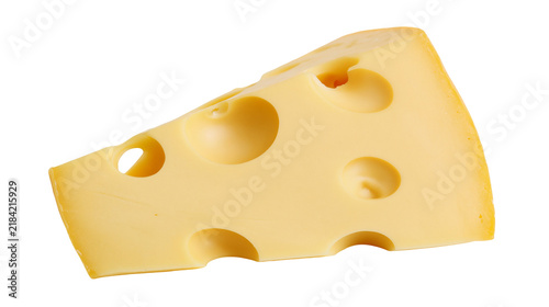 Konstfotografi Isolated delicious slice of classic yellow Swiss cheese wedge with distinctive holes
