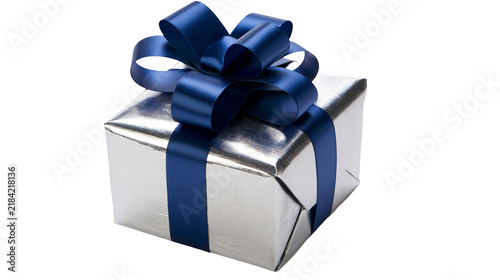 Fotografie Isolated elegant silver gift box with a luxurious royal blue ribbon and bow for