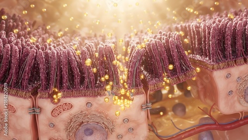 Intestinal epithelial cells with microvilli showing leaky gut syndrome and molecules passing through disrupted tight junctions