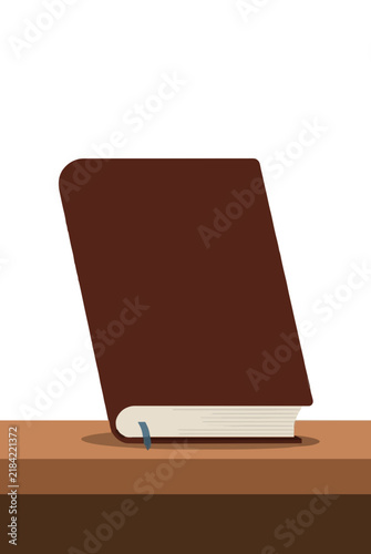Hand-traced vector illustration of a classic brown hardcover novel book with visible white pages and small blue bookmark ribbon, standing upright on a warm wooden shelf, isolated on clean white