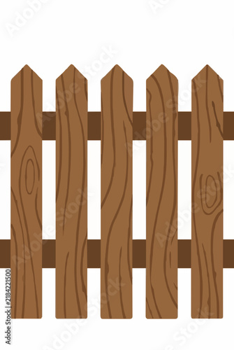 Hand-traced vector icon of a wooden picket fence with pointed tops and horizontal rails, illustrated with detailed wood grain texture, warm brown tones, and a clean minimalist style for design use