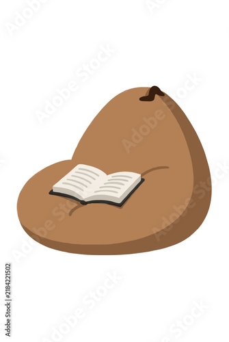 Brown bean bag chair with open book, cozy reading corner vector icon illustration, flat design isolated on white background, comfort furniture element - professional detailed commercial stock