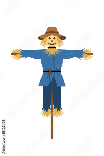Scarecrow Standing Alone in Empty Farm Field - Flat Vector Icon Illustration with Straw Hat and Blue Overalls for Autumn Harvest Design - professional high resolution detailed commercial stock
