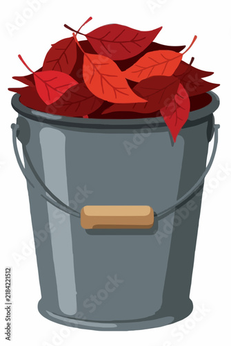 Hand-drawn vector illustration of a galvanized metal bucket filled with a pile of vibrant scarlet red autumn leaves, fall season yard work concept, isolated on white background