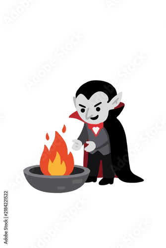 Cute Chibi Vampire Character Warming Hands by Fire Pit Flat Design Vector Icon Illustration Halloween Dark Fantasy Theme Minimal Style Artwork Isolated on White Background