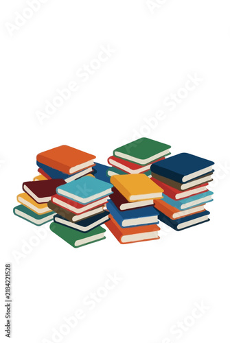 Colorful hand-drawn vector illustration of stacked notebooks and books piled together on a table, isometric style with vibrant orange, green, blue, red, yellow, and teal notebook covers in a creative