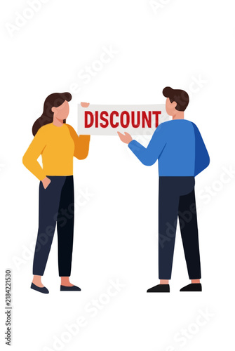 Two coworkers holding and checking a red discount banner sign together, minimal flat vector illustration of colleagues reviewing sale offer, modern corporate employee team concept