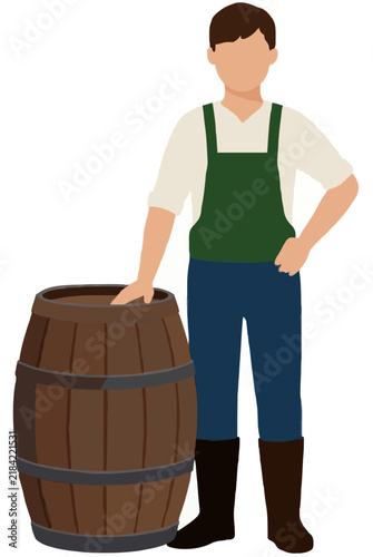 Flat vector illustration of a vineyard worker in green overalls and blue pants standing beside a large rustic wooden wine barrel with metal hoops, minimalist hand-traced icon design for winemaking
