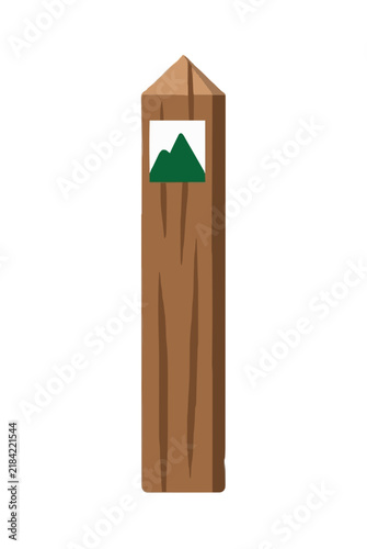 Wooden hiking trail distance marker post with green mountain symbol vector icon illustration for outdoor recreation - professional high resolution commercial stock detailed commercial stock imagery