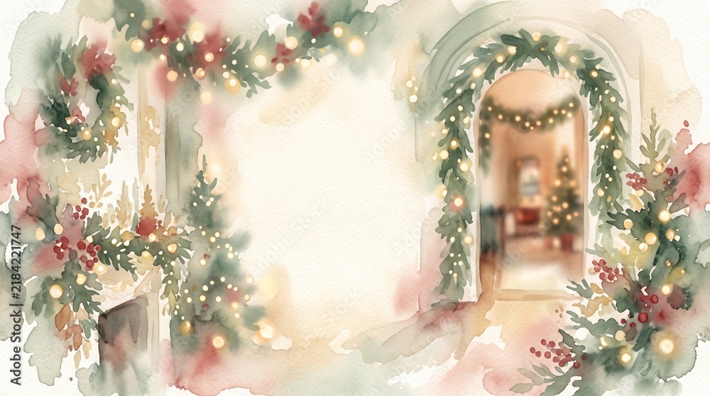 Obraz premium Christmas watercolor illustration of festive evergreen garland with glowing lights, berries, archway and cozy home interior, elegant holiday background with copy space for greeting card
