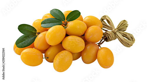 Принти на полотні Isolated sweet juicy marian plums (plum mango) with green leaves and rustic bund