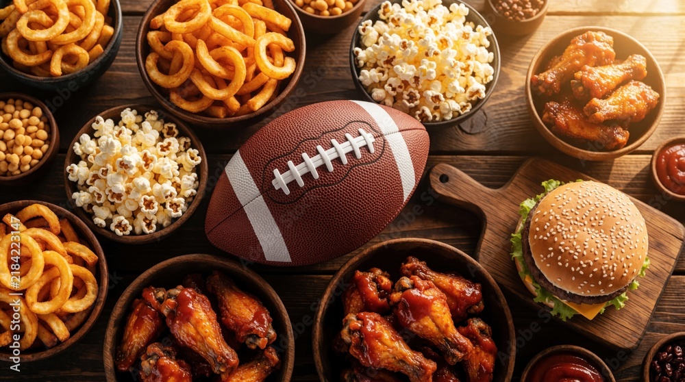 Fototapeta premium American football and game day snacks including burgers fries chicken wings and popcorn are arranged on wooden table. Football party food spread is ready for fans to enjoy.