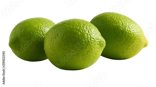 Obraz na płótnie Isolated three fresh whole green limes, ripe and juicy citrus fruits, close up,