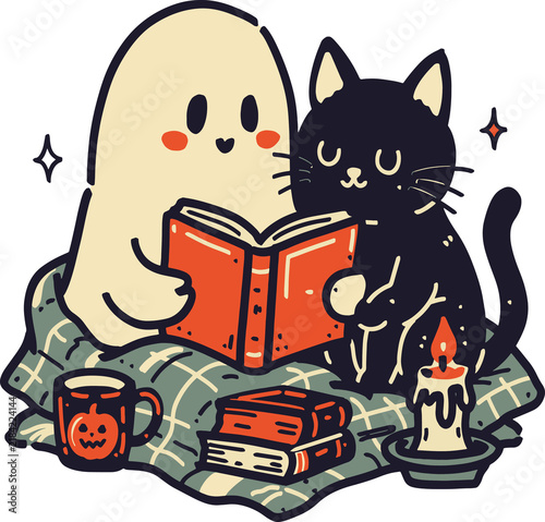 Obraz na płótnie Cute Spooky Halloween Ghost and Black Cat Reading Book Together Illustration