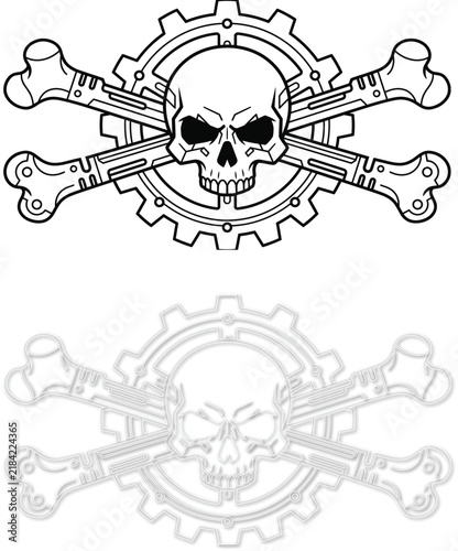 Gothic steampunk skull emblem with mechanical gears and crossbones vector illustration
