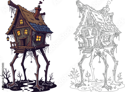 Spooky fantasy wooden cottage house vector illustration set with colored and line art version