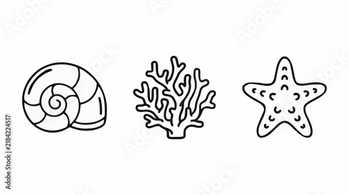 Collection of simplified vector icons representing ocean life a spiral seashell, branching coral, and a five-pointed starfish, perfect for marine themes and coastal designs