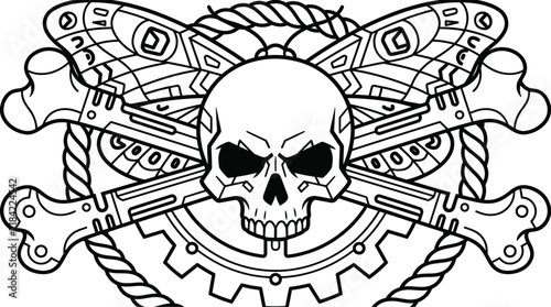 Steampunk skull and crossbones vector illustration with mechanical gears for emblem badge or tattoo design