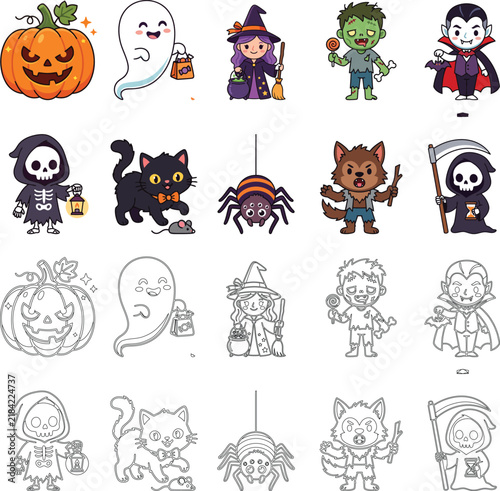 Spooky fantasy cartoon characters set with cute ghost witch vampire werewolf spider black cat and pumpkin vector illustration