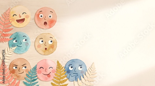 Watercolor emoji faces, diverse emotional expressions, mental health concept