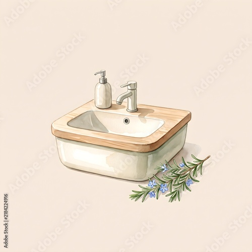 Minimalist ceramic bathroom sink, wooden vanity basin, modern washroom interior