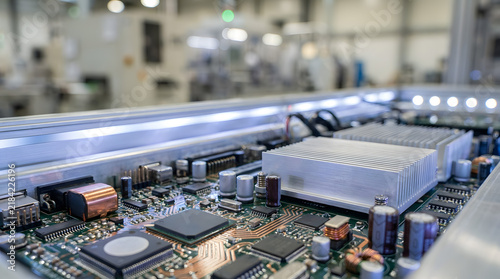 Close up of a complex electronic circuit board inside a modern industrial manufacturing facility.