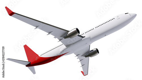 Isolated commercial passenger airplane with red and white livery ascending in flight, modern jet