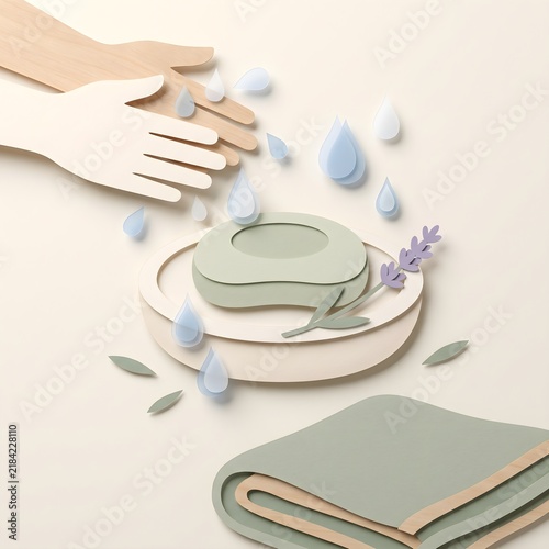 Paper cut soap bar with hands, lavender spa concept, hygiene and wellness