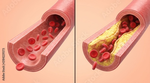 A comparative medical illustration showing a healthy blood vessel versus one with plaque buildup.