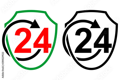 Graphic set of 24 hours open service and support shield icons with rotating arrow symbol isolated on white background for business customer care and security branding