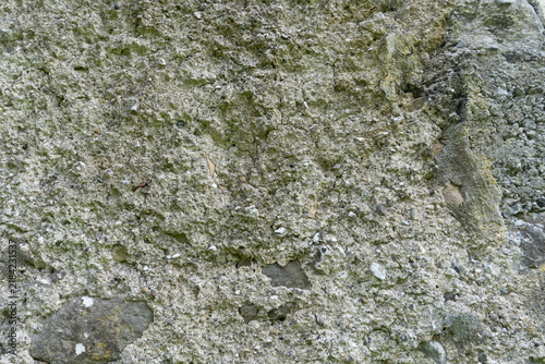 Texture of an old, weathered concrete barn wall. The rough, crumbling mortar surface features coarse gravel aggregates, small stone inclusions, and a light layer of green moss.