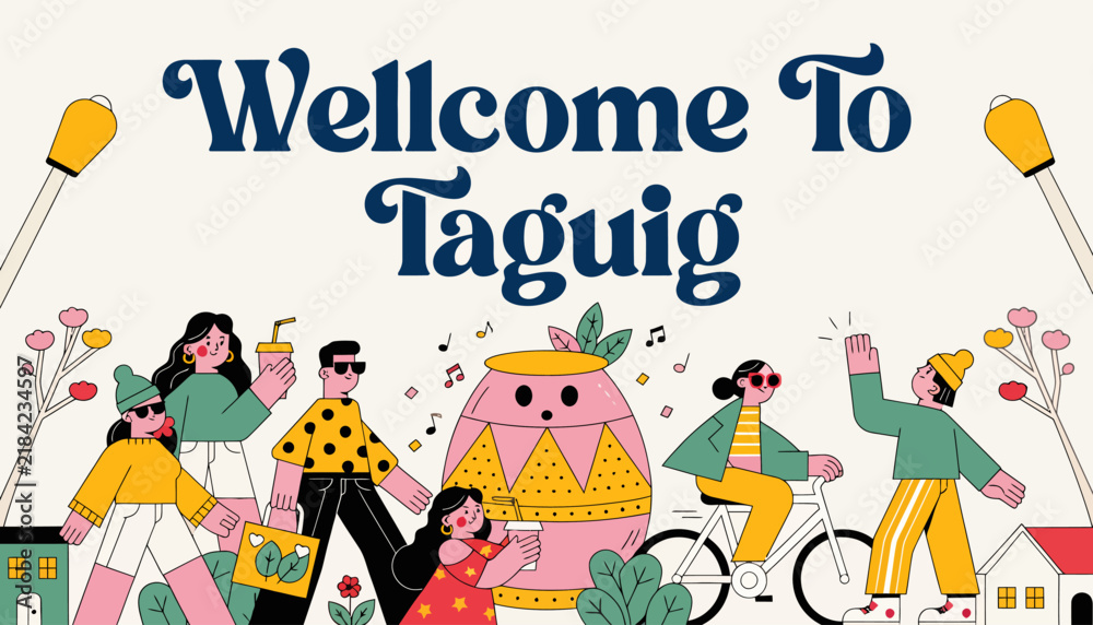 Fototapeta premium Welcome to Taguig, colorful illustration of people and city