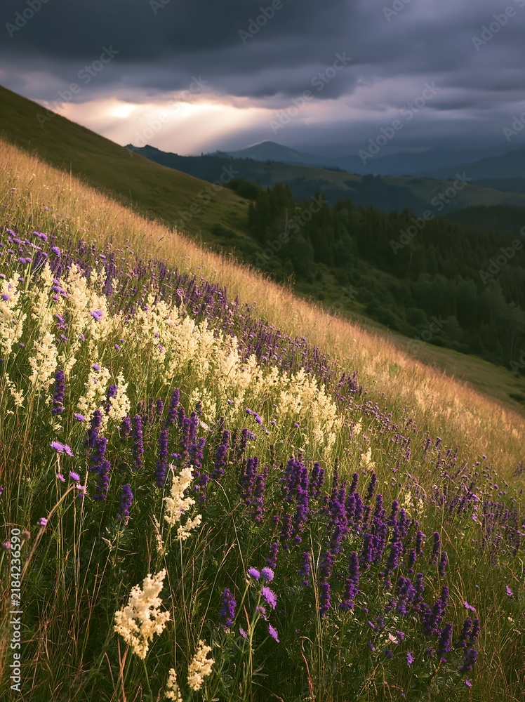 Obraz premium Transylvania summer meadows with wildflowers and cloudy sky