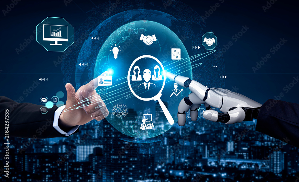 Obraz premium Hands of Human and Robot Reaching Toward Future Technology with Global Connection in Digital Business Illustration Fluxor.