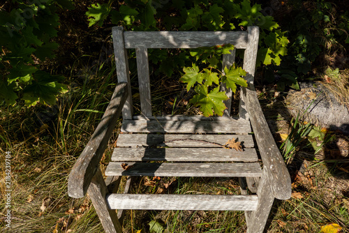 Stockholm, Sweden A wooden and weathered lawn chair in the bushes.