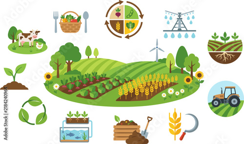 Flat design vector illustration of a vibrant farm landscape with crops, animals, and agricultural tools, representing sustainable agriculture.