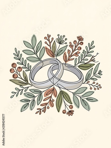 Wedding Rings Intertwined with Decorative Floral Branches and Foliage Line Drawing