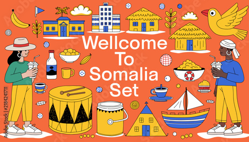 Welcome to Somalia Set: Cartoon Illustration of Somali Culture, Landmarks, and People