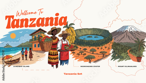 Welcome to Tanzania: Tropical Beach, Ngorongoro Crater, Mount Kilimanjaro, Local People with Produce