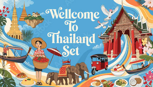 Welcome to Thailand Set: Vibrant Culture, Temples, Elephants, Tropical Food & Transportation Collage