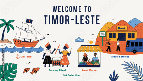 Welcome to Timor-Leste: Vibrant Illustration of Island Culture, Travel Scenes, and Local Life