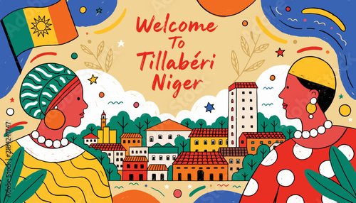 Welcome to Tillab?ri, Niger - Vibrant Illustration of African Cityscape with Traditional Figures and Flag