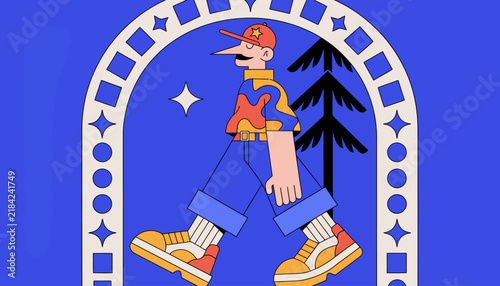 Whimsical character walks through abstract archway with starry pattern and pine tree silhouette, retro style illustration