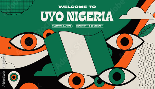 Welcome to Uyo, Nigeria: Vibrant Graphics with Nigerian Flag and Abstract Eyes - Cultural Capital, Heart of the Southeast