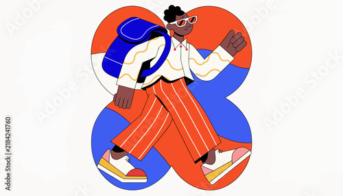 Young man with backpack walking confidently, vibrant colors, modern illustration style, concept of adventure and journey.