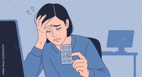 Stressed Person Holding Pills In Front Of Computer Screen