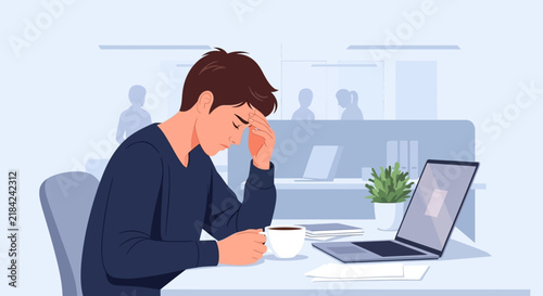 Struggling Worker Feeling Overwhelmed at Desk with Laptop and Coffee Cup