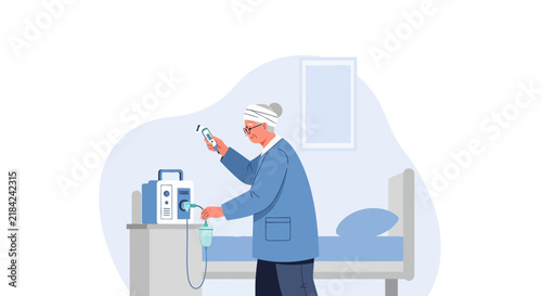 Senior Woman Interacts With Medical Equipment In A Hospital Setting