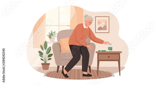 Senior Woman Reaching For Medication While Sitting In Armchair At Home