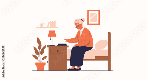 Senior Woman Sitting On Bed Next To Nightstand With Lamp And Plant